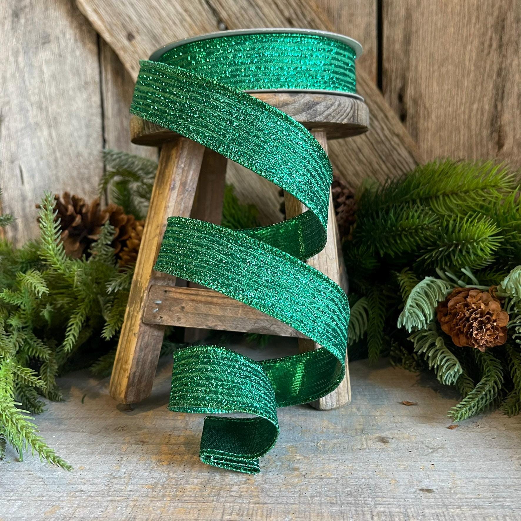 1" Emerald Green Random Stripes Ribbon, Farrisilk ribbon, wired Ribbon