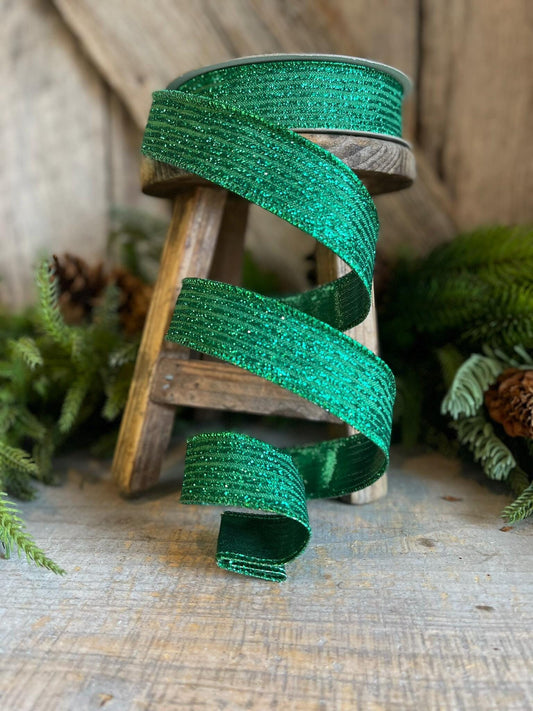1" Emerald Green Random Stripes Ribbon, Farrisilk ribbon, wired Ribbon