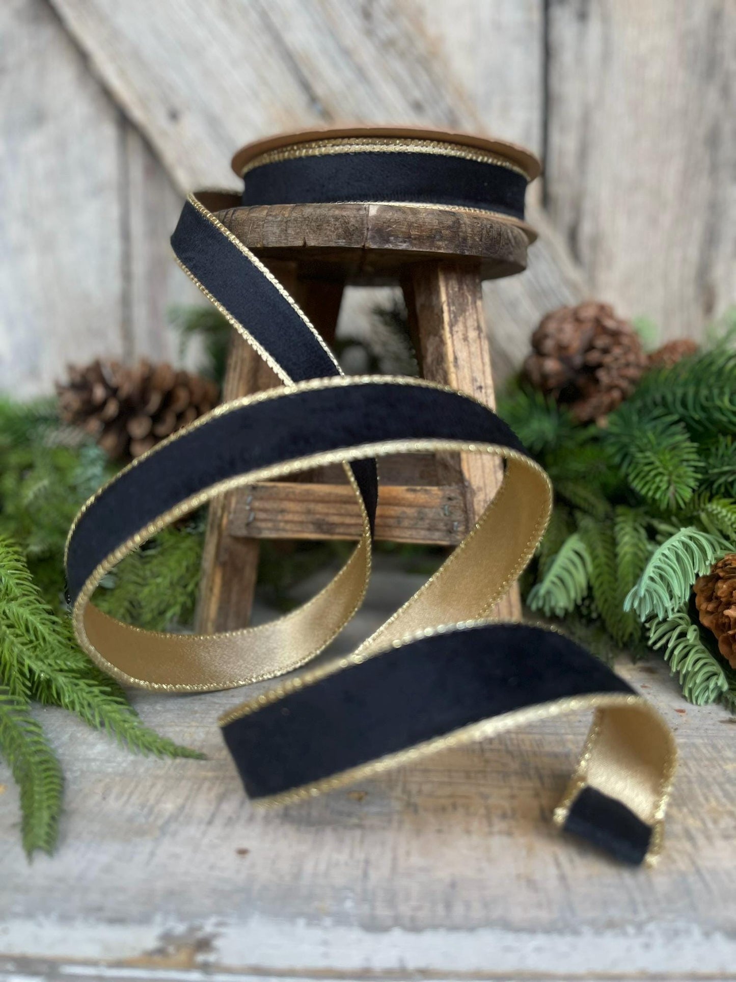 1" Black Velvet Ribbon, Wired RIbbon, Black Gold Velvet Ribbon