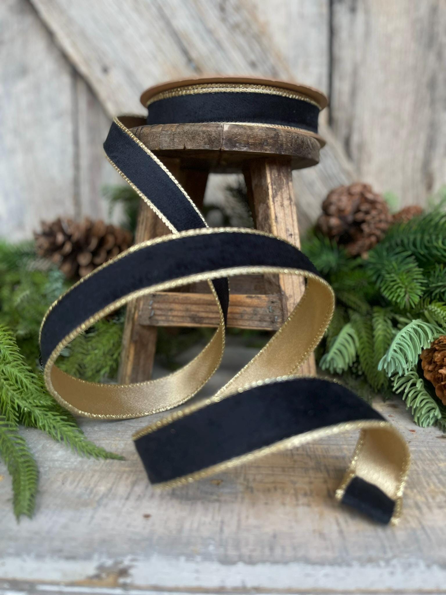 1" Black Velvet Ribbon, Wired RIbbon, Black Gold Velvet Ribbon