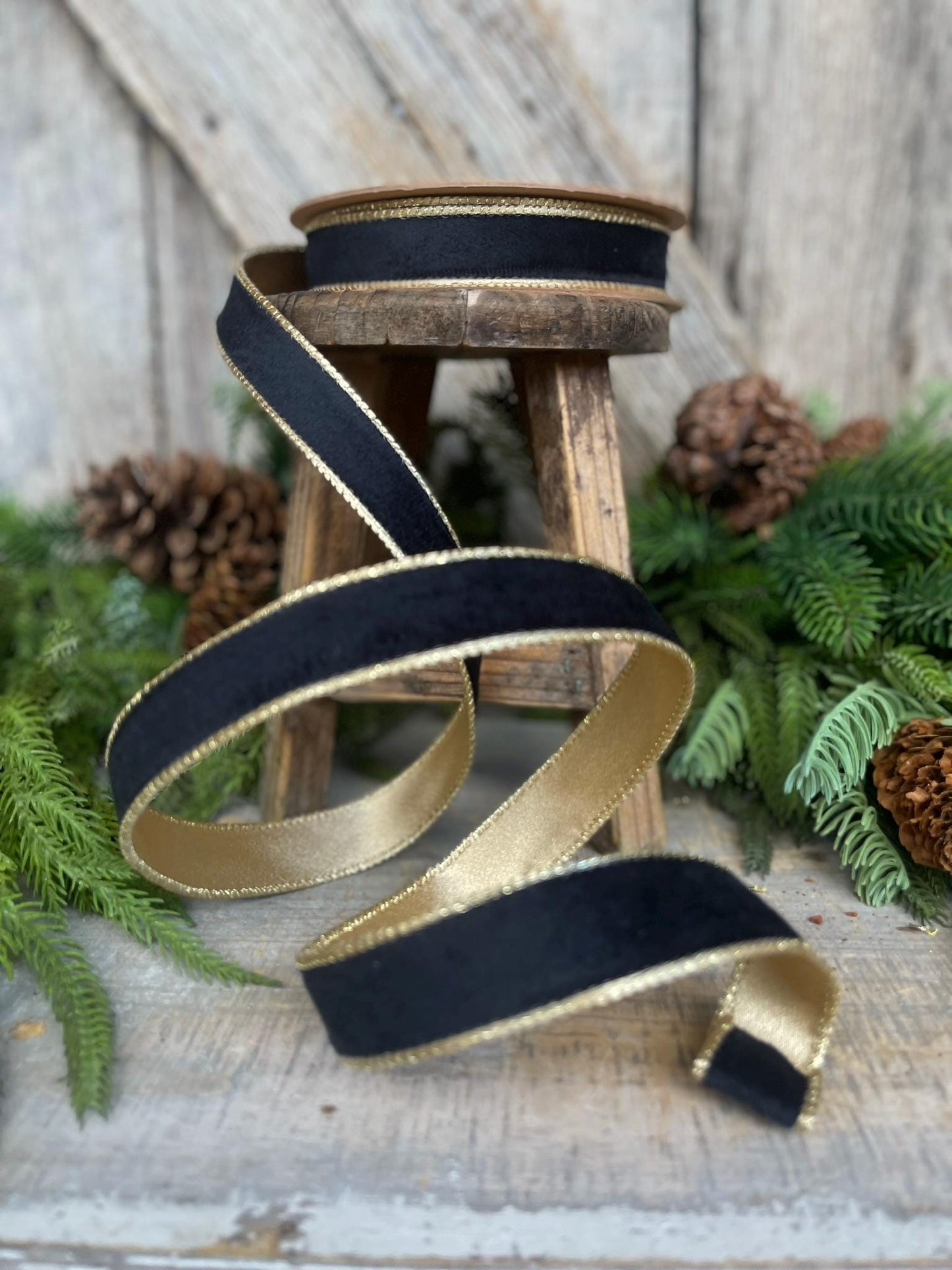1" Black Velvet Ribbon, Wired RIbbon, Black Gold Velvet Ribbon