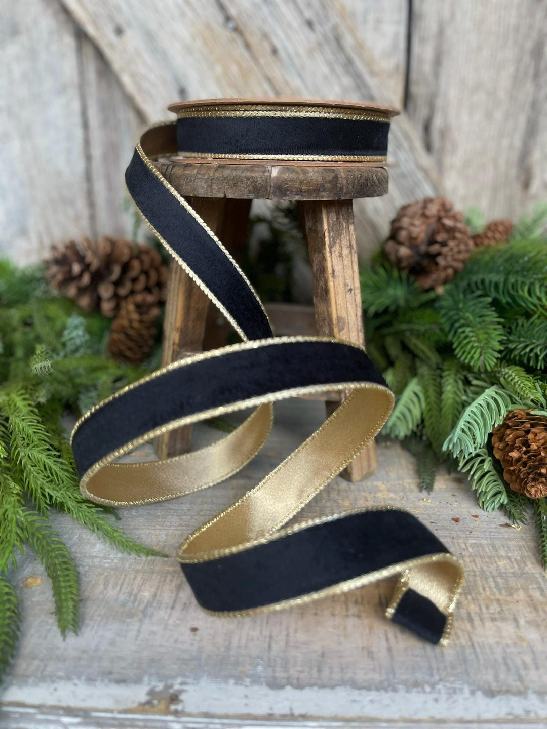 1" Black Velvet Ribbon, Wired RIbbon, Black Gold Velvet Ribbon