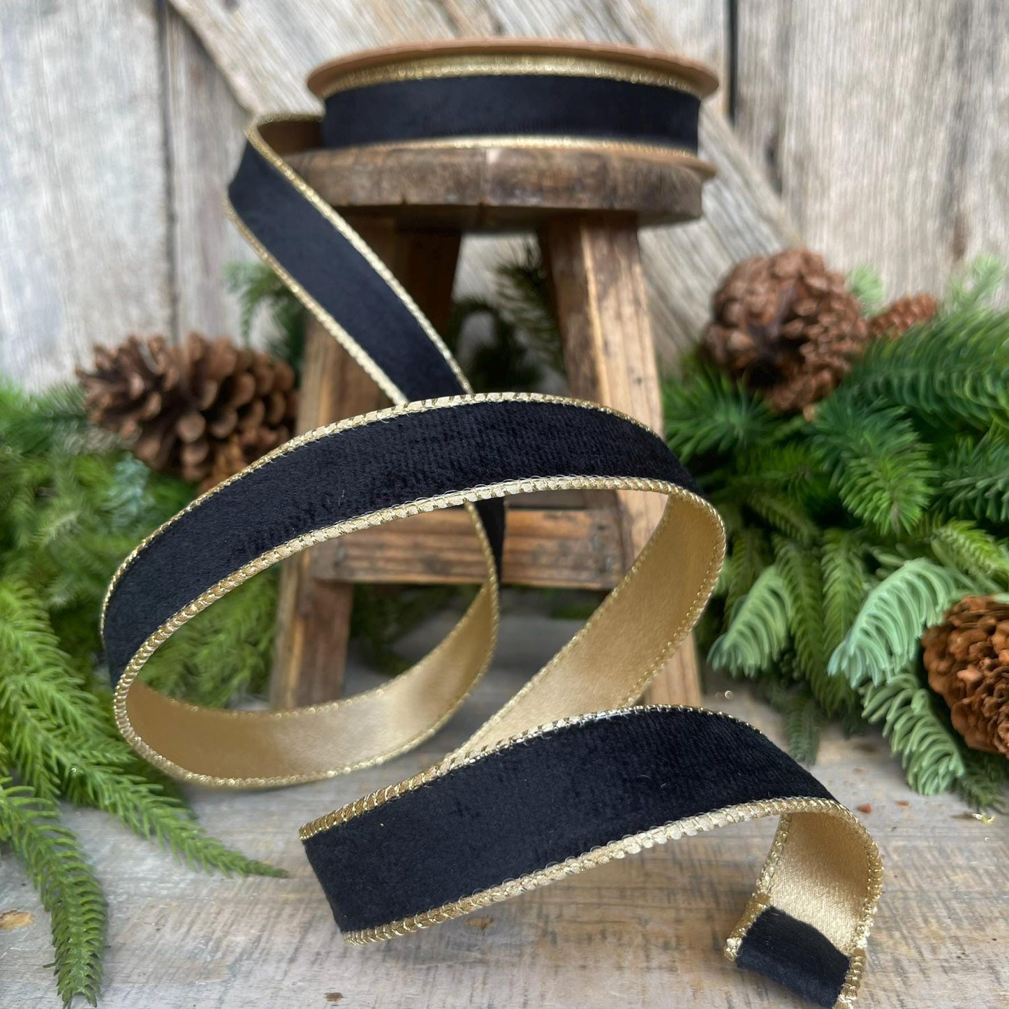 1" Black Velvet Ribbon, Wired RIbbon, Black Gold Velvet Ribbon