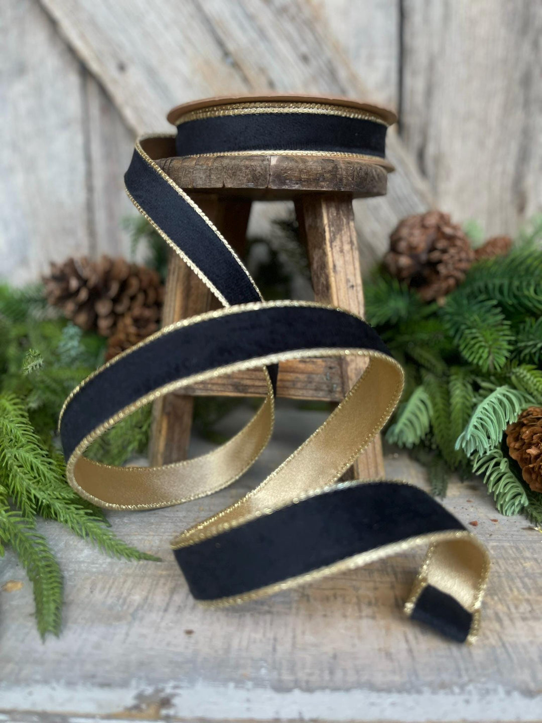 1" Black Velvet Ribbon, Wired RIbbon, Black Gold Velvet Ribbon