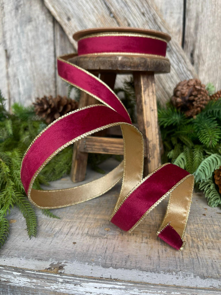 1" Burgundy Gold Velvet Ribbon, Burgundy Velvet Ribbon, Christmas RIbbon