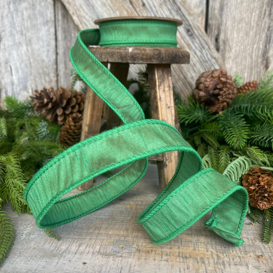1" Emerald Green Dupioni Ribbon, Wired Ribbon, Narrow Ribbon
