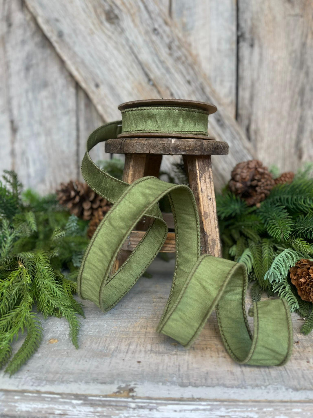 1" Dark Moss Green Ribbon, Wired RIbbon, Spring RIbbon