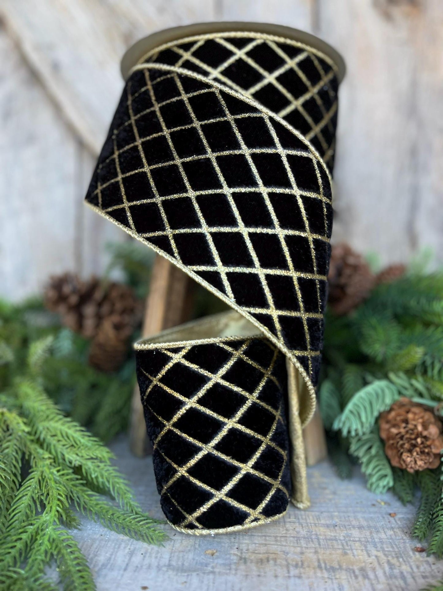 4" Black Gold Metallic Diamonds Velvet Ribbon, Farrisilk Ribbon