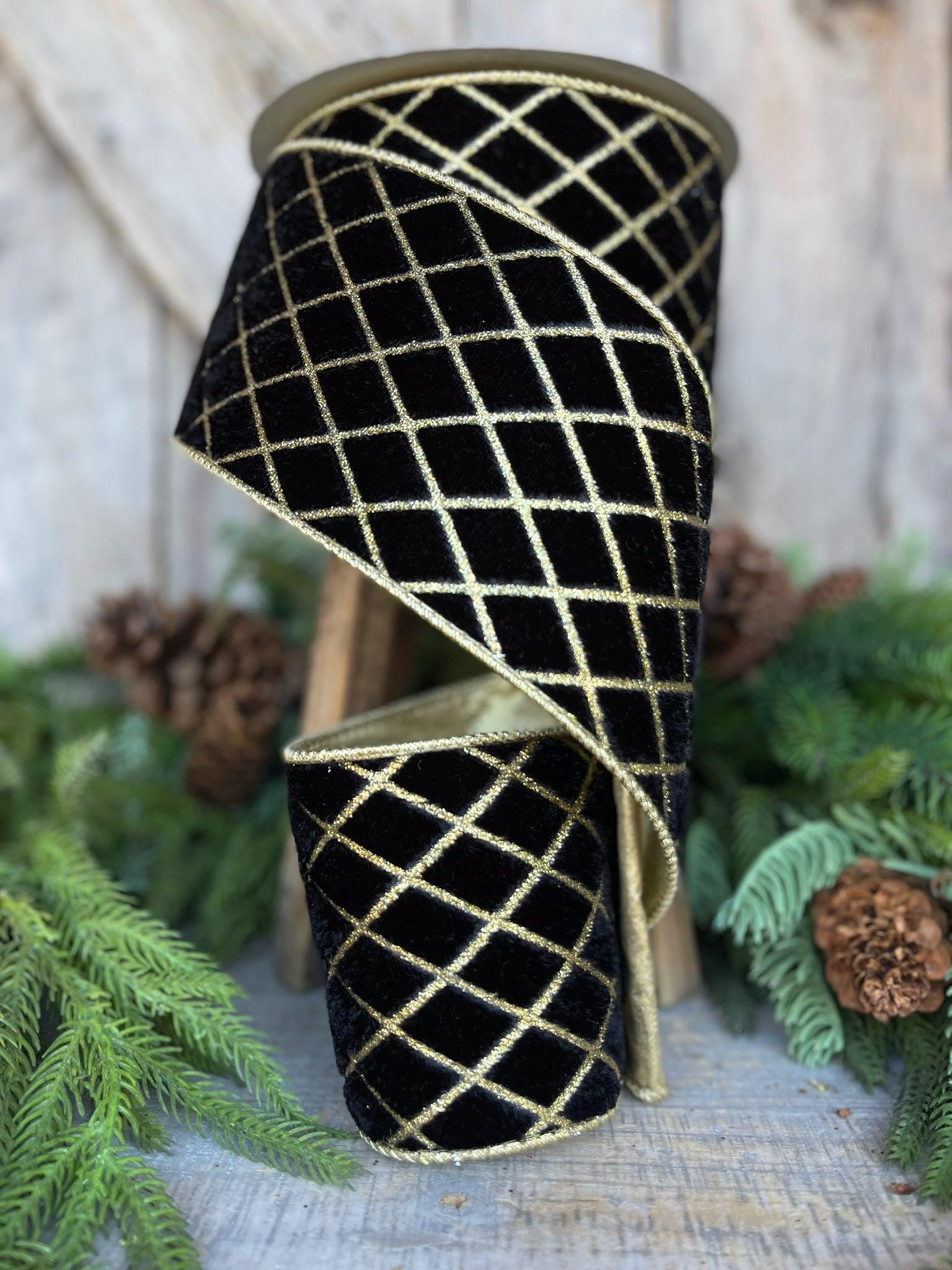4" Black Gold Metallic Diamonds Velvet Ribbon, Farrisilk Ribbon