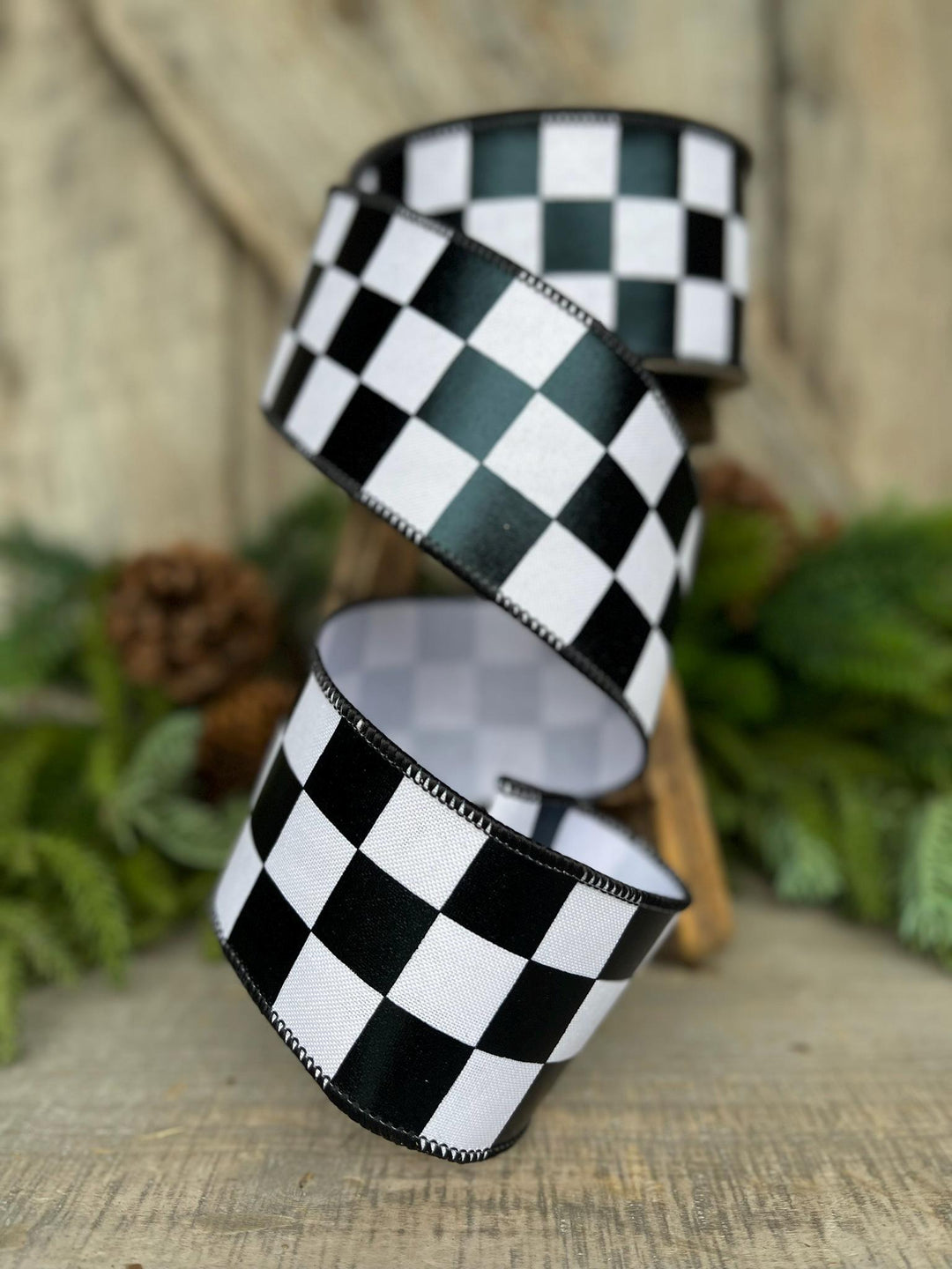 Black and White Foil Check Wired Ribbon - Farrisilk 2.5" x 10 Yards