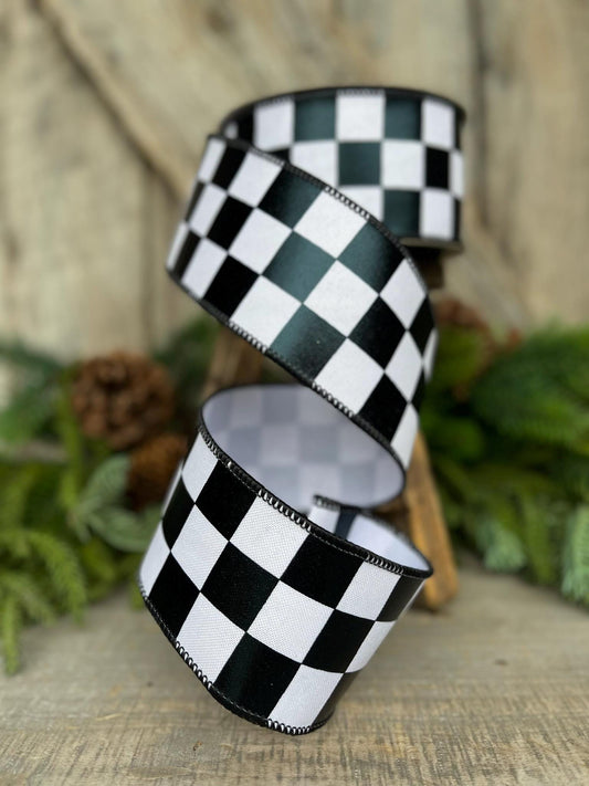 2.5" Black White Foil Check Ribbon, Farrisilk Ribbon, Checkered Ribbon