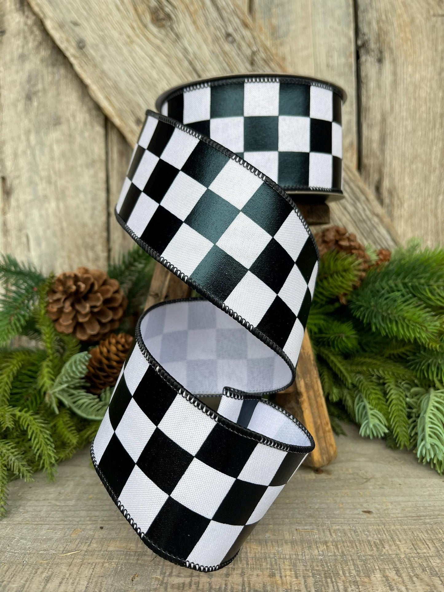 2.5" Black White Foil Check Ribbon, Farrisilk Ribbon, Checkered Ribbon