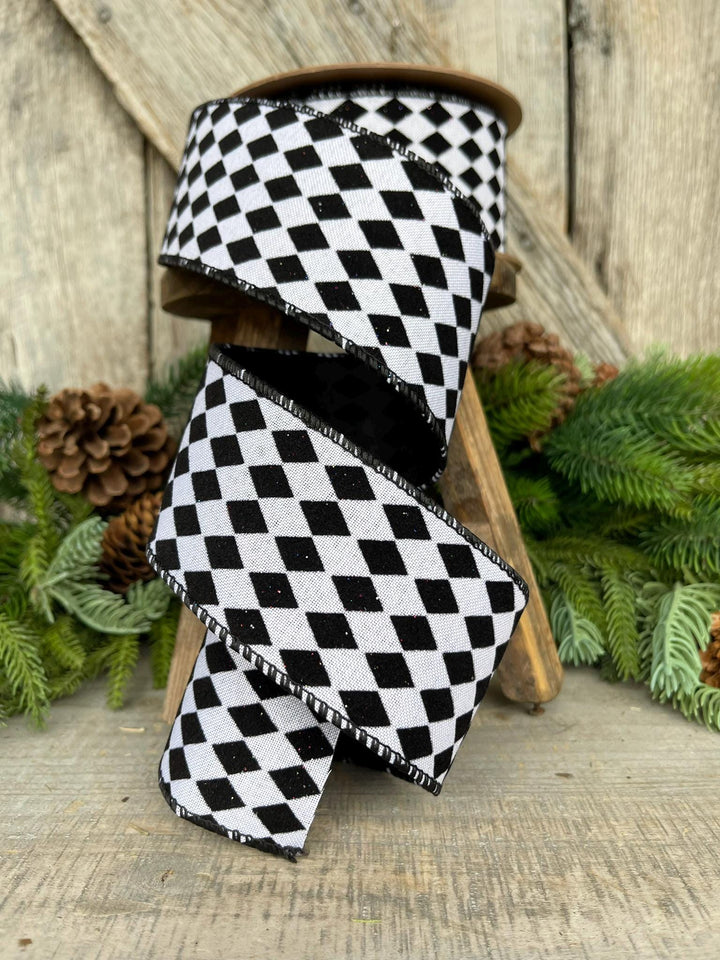 2.5" Black White Harlequin Ribbon, Flocked RIbbon, Halloween Ribbon
