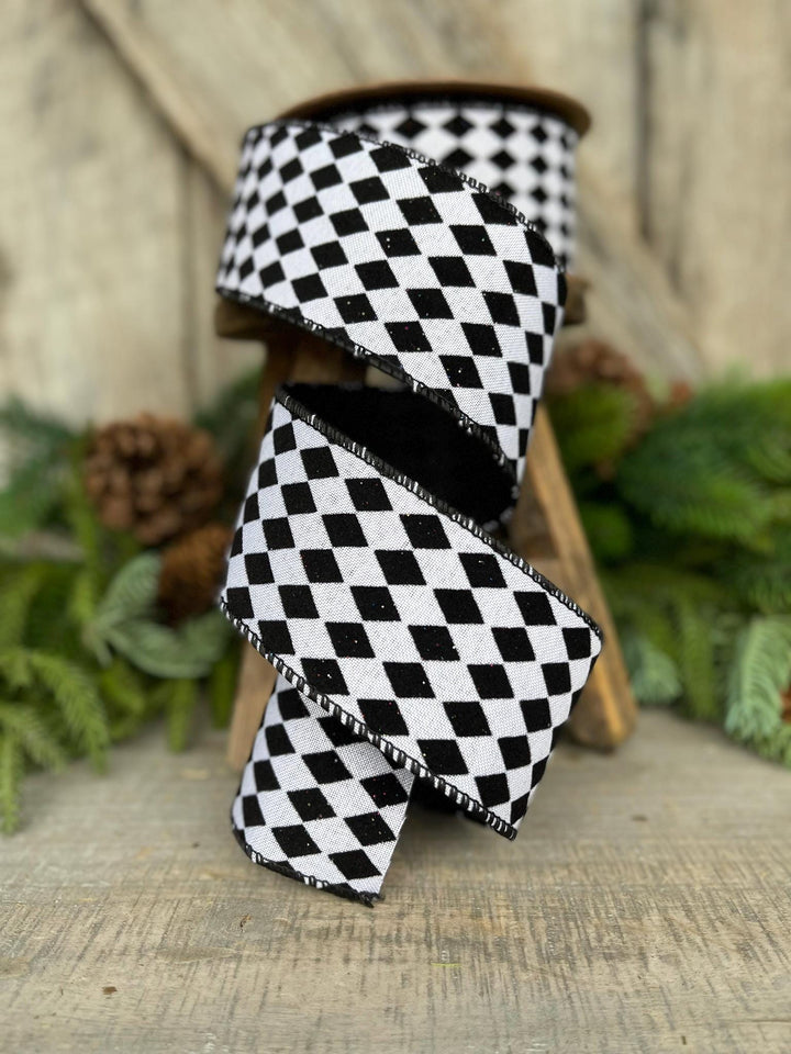 2.5" Black White Harlequin Ribbon, Flocked RIbbon