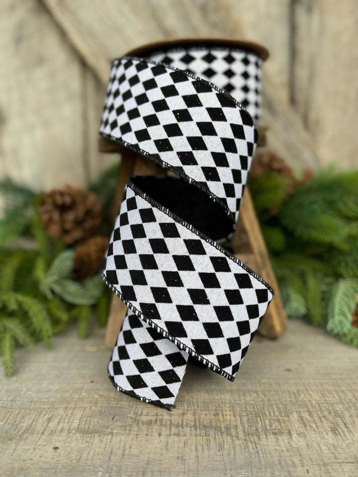 2.5" Black White Harlequin Ribbon, Flocked RIbbon