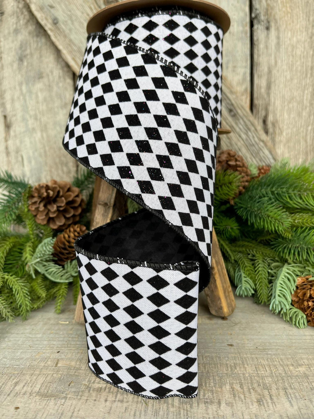 4" Black White Harlequin Ribbon, Flocked RIbbon, Halloween Ribbon