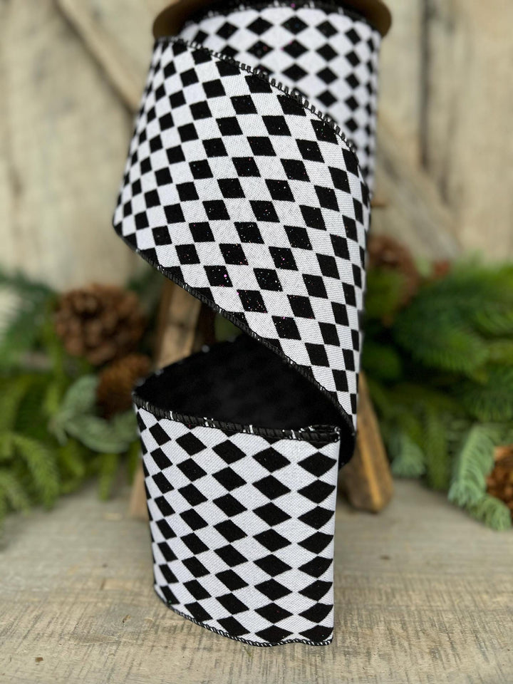 4" Black White Harlequin Ribbon, Flocked RIbbon, Halloween Ribbon