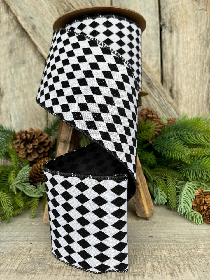 4" Black White Harlequin Ribbon, Flocked RIbbon, Halloween Ribbon