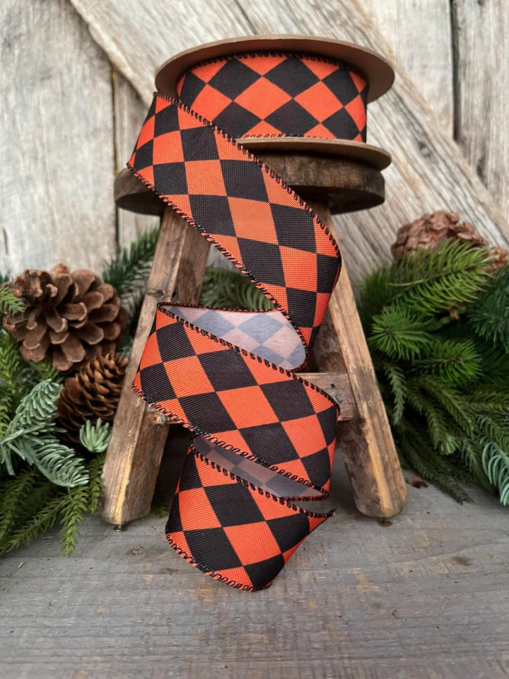 1.5" Orange Black Harlequin Ribbon, Halloween RIbbon, Wired Ribbon