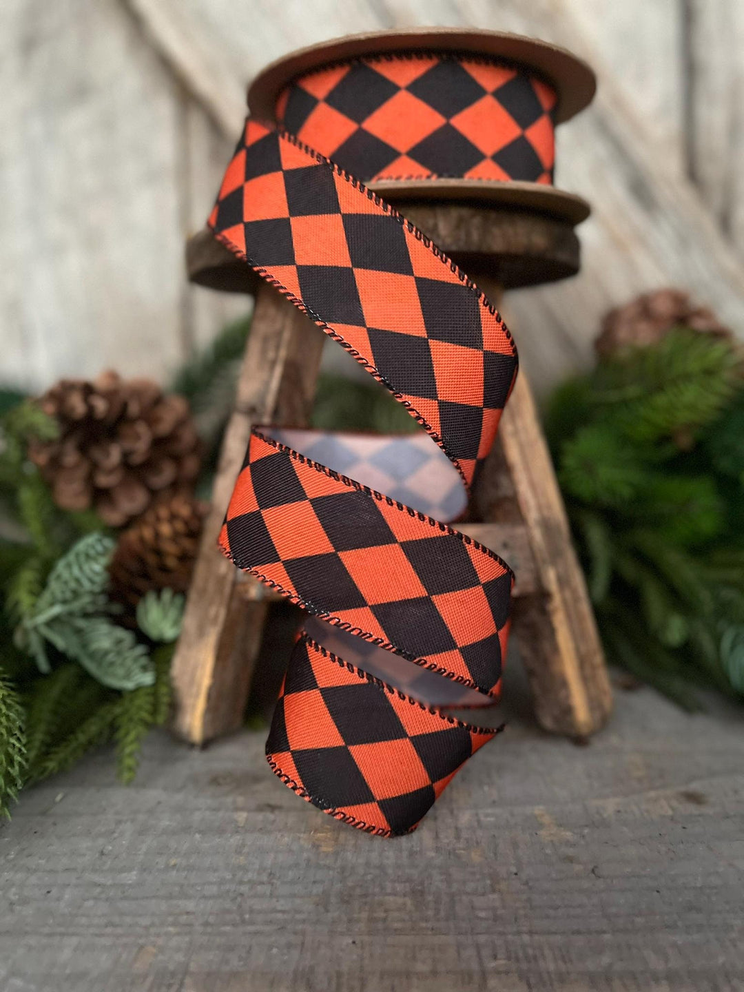 1.5" Orange Black Harlequin Ribbon, Halloween RIbbon, Wired Ribbon