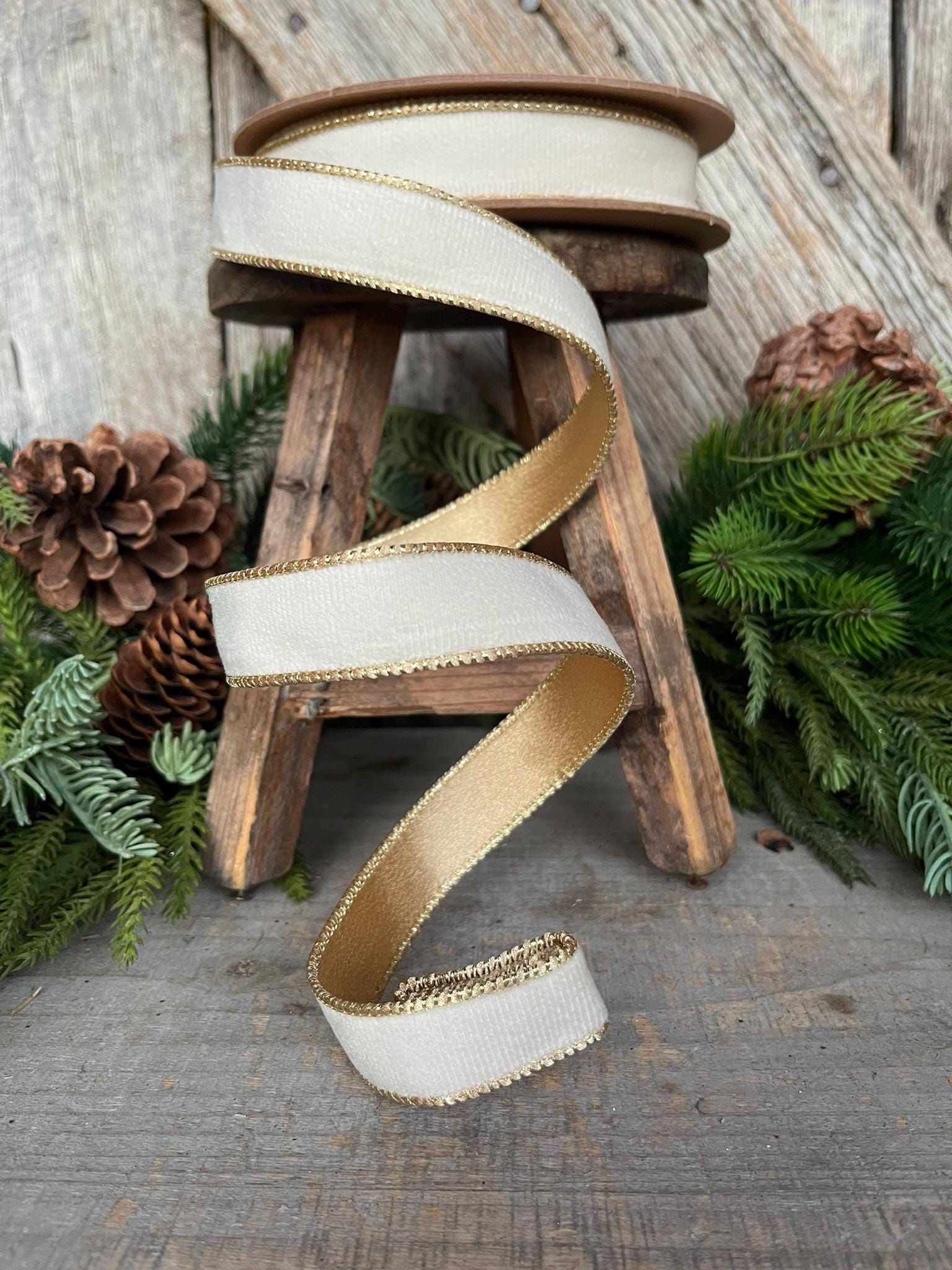 1" Ivory Velvet Ribbon, Ivory & Gold Velvet Ribbon