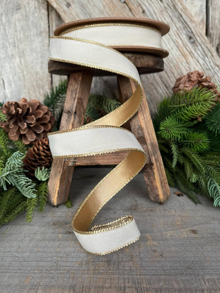 Ivory Velvet Ribbon: 1" Wired Gold Edge Christmas Ribbon, 10 Yards