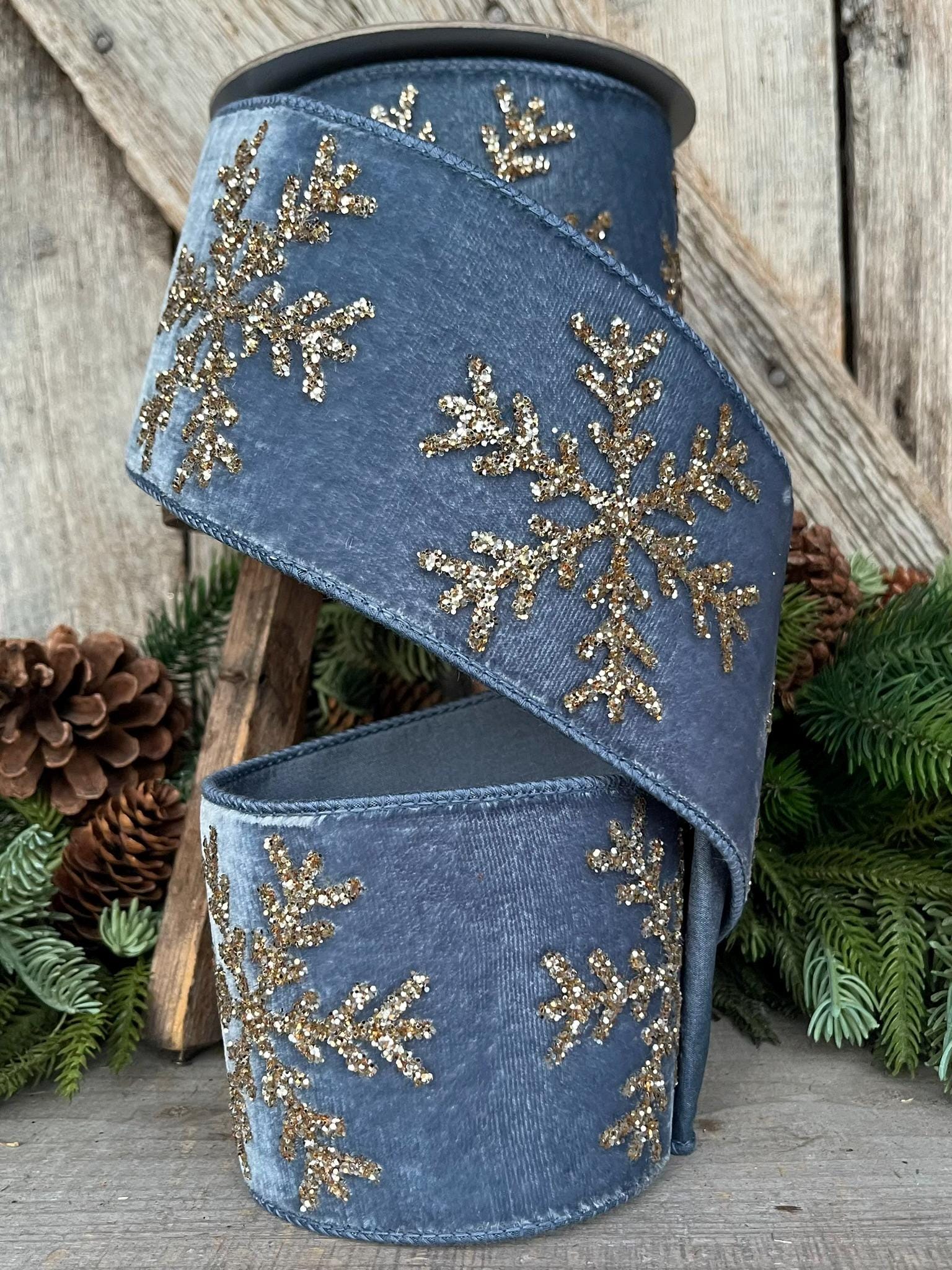 4" Steel Blue Velvet RIbbon, GLitter Snowflake RIbbon, Farrisilk Ribbon