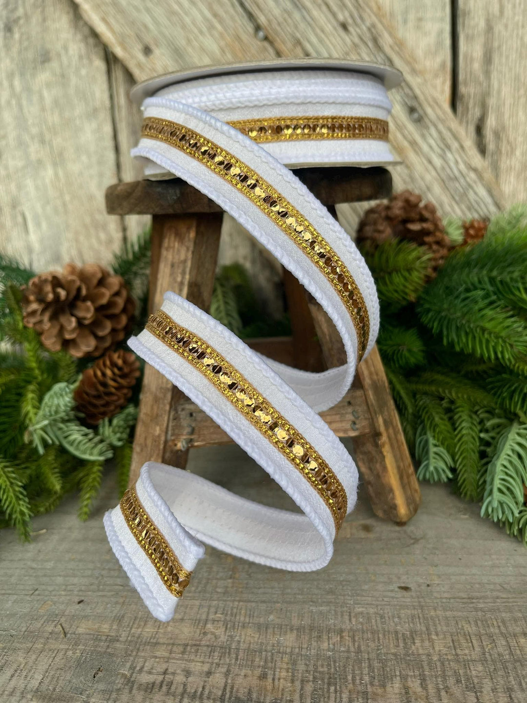1" White Gold Twinkle Trim Ribbon, Farrisilk ribbon, Gold Jeweled RIbbon
