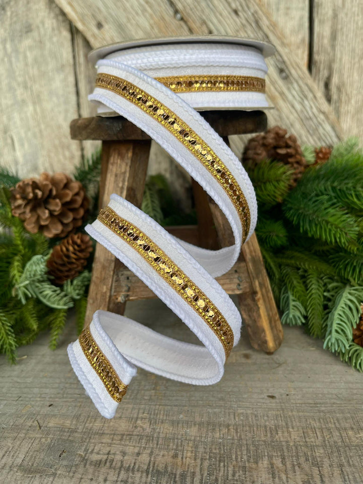 1" White Gold Twinkle Trim Ribbon, Farrisilk ribbon, Gold Jeweled RIbbon