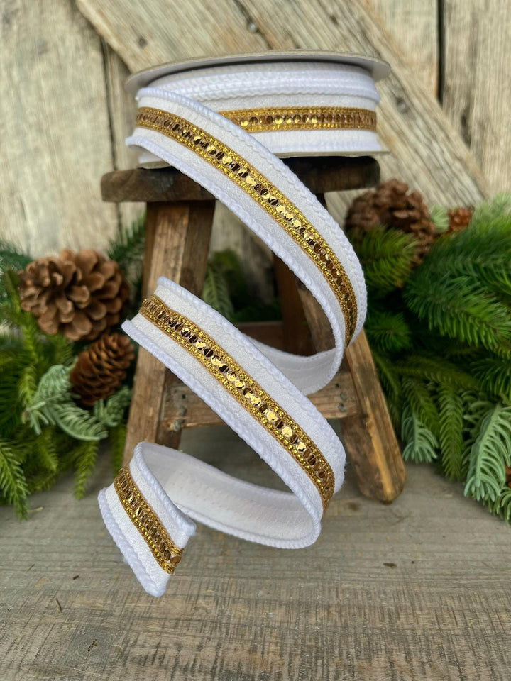 1" White Gold Twinkle Trim Ribbon, Farrisilk ribbon, Gold Jeweled RIbbon