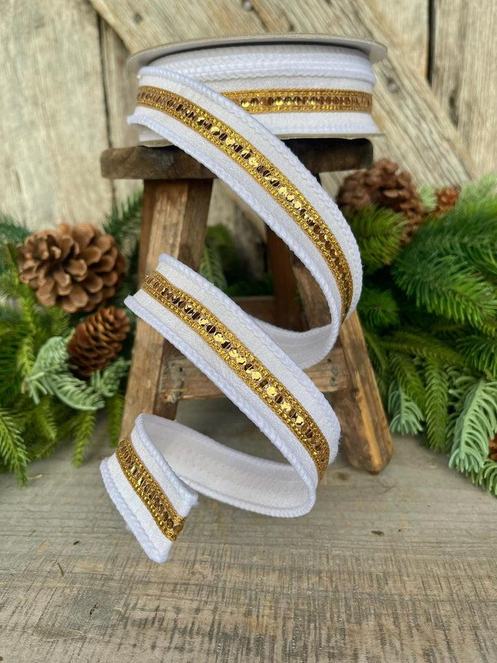 1" White Gold Twinkle Trim Ribbon, Farrisilk ribbon, Gold Jeweled RIbbon