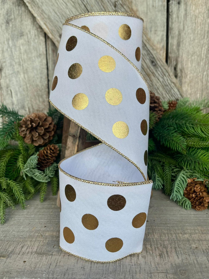 4" Gold Polka Dot Ribbon, Christmas tree ribbon, Farrisilk Ribbon
