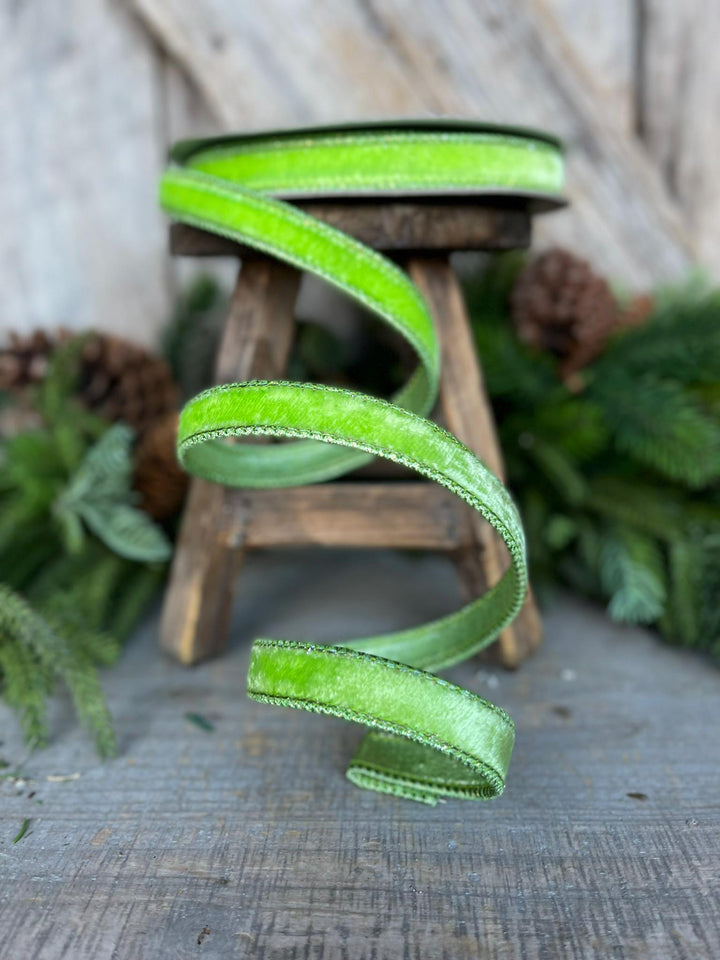 3/4" Bright Lime Green Velvet Ribbon, Farrisilk ribbon, Christmas Ribbon