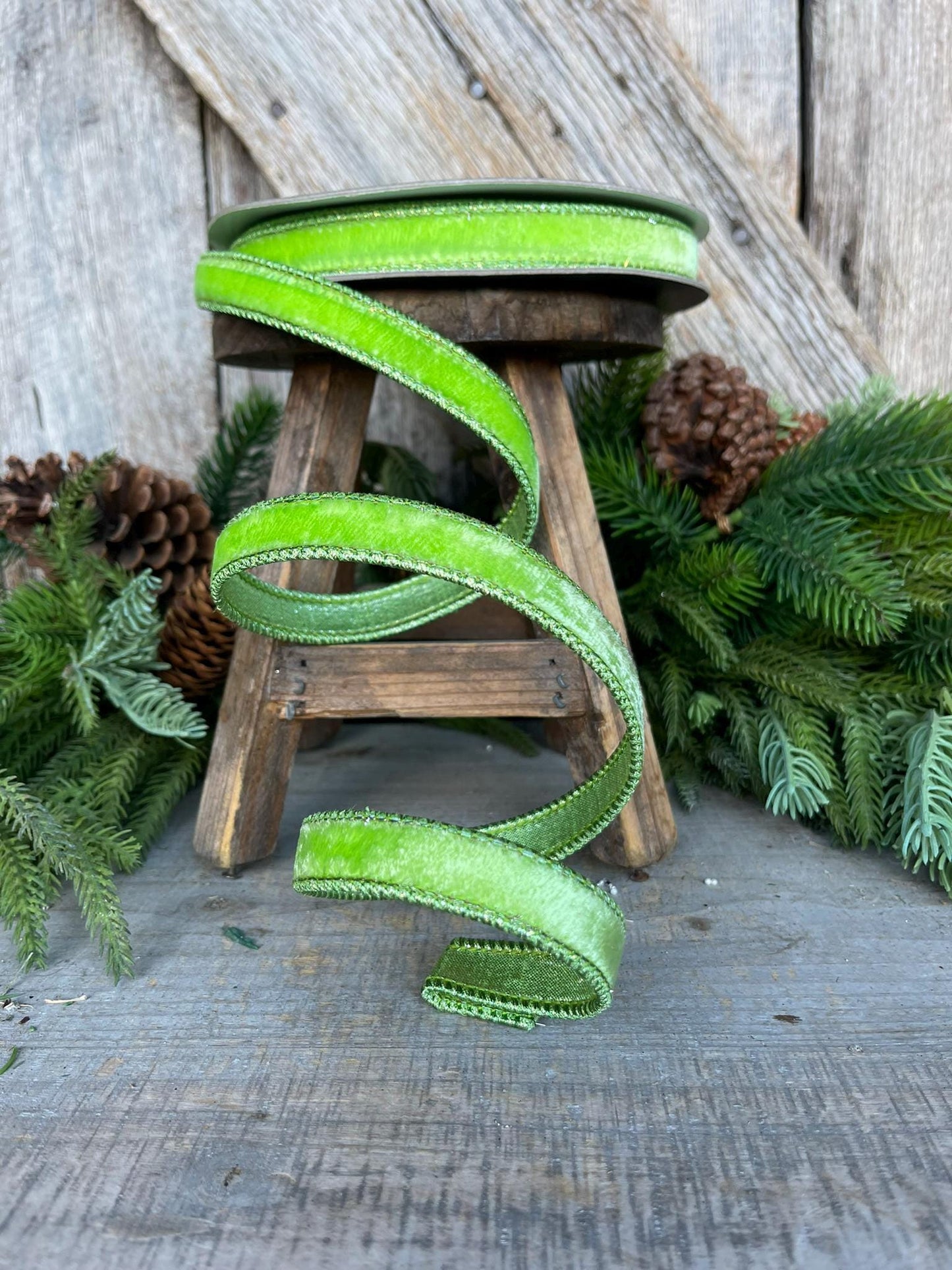 3/4" Bright Lime Green Velvet Ribbon, Farrisilk ribbon, Christmas Ribbon