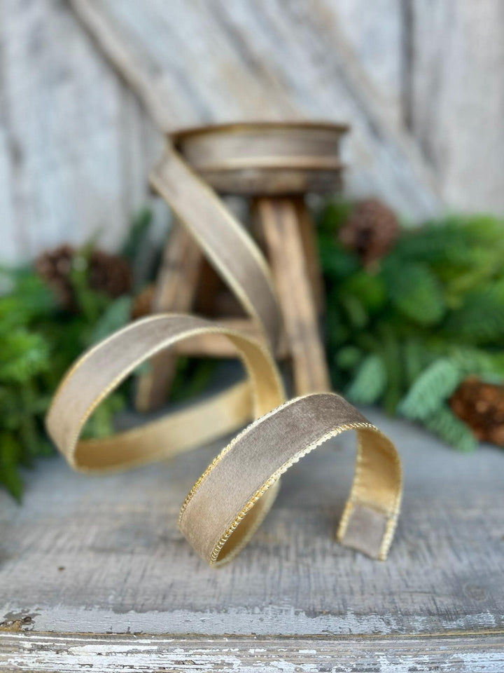 1" Mink Brown Velvet RIbbon, Wired Ribbon, Champagne Gold Velvet Ribbon