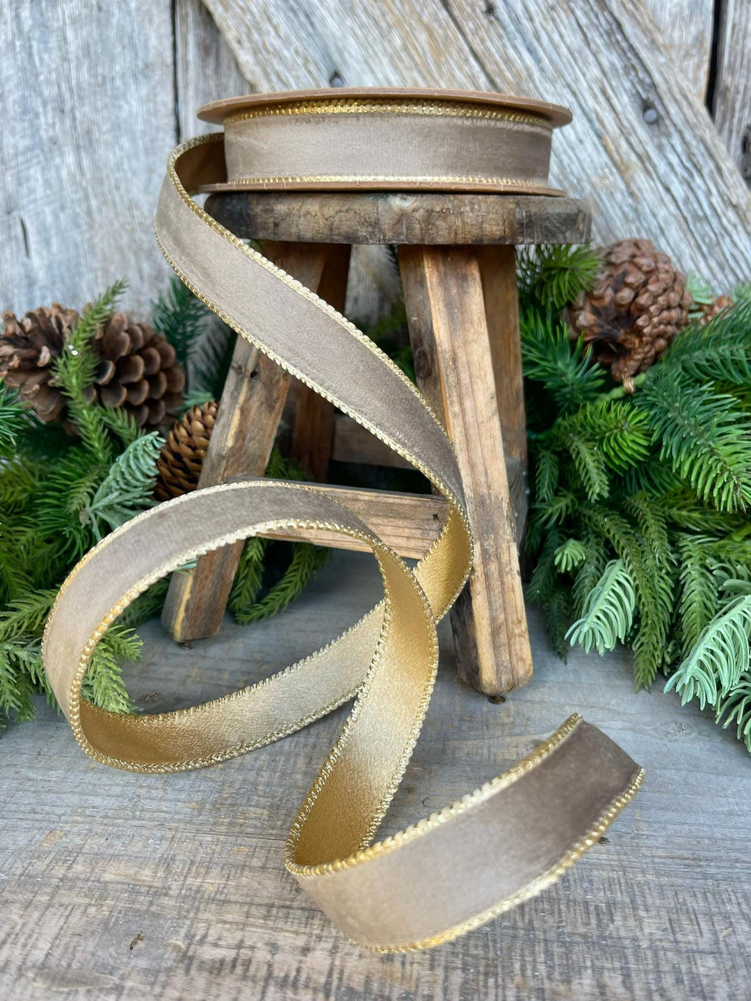 1" Mink Brown Velvet RIbbon, Wired Ribbon, Champagne Gold Velvet Ribbon