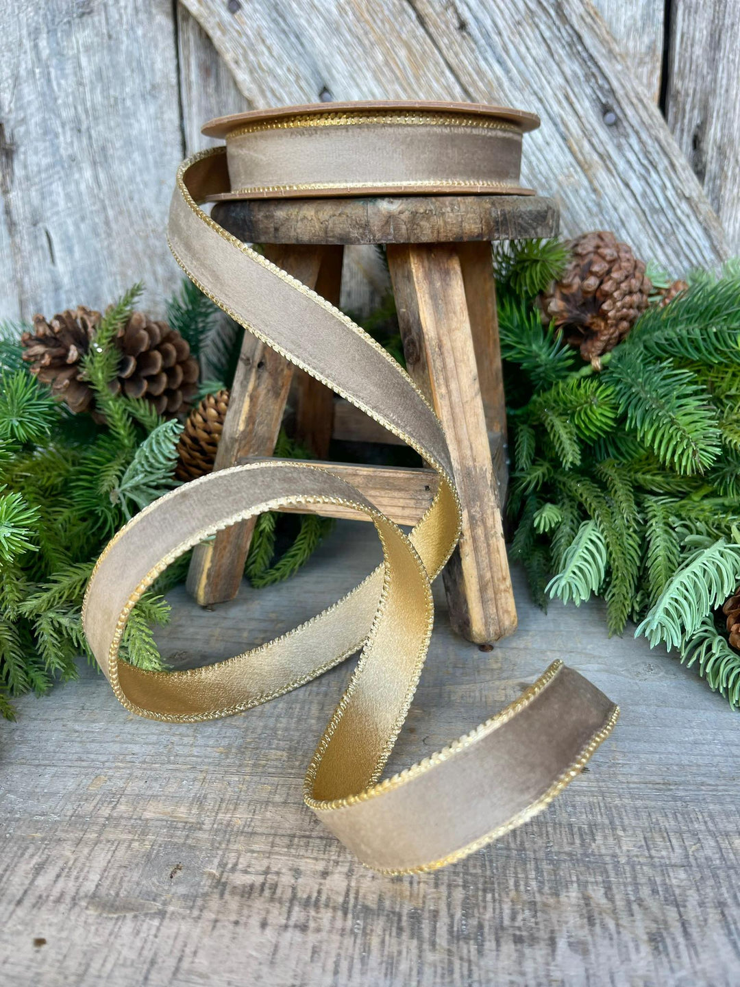 1" Mink Brown Velvet RIbbon, Wired Ribbon, Champagne Gold Velvet Ribbon