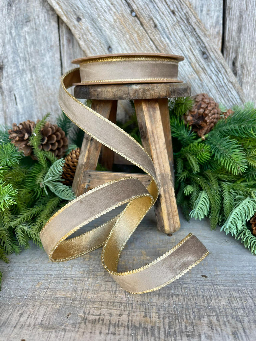 1" Mink Brown Velvet RIbbon, Wired Ribbon, Champagne Gold Velvet Ribbon