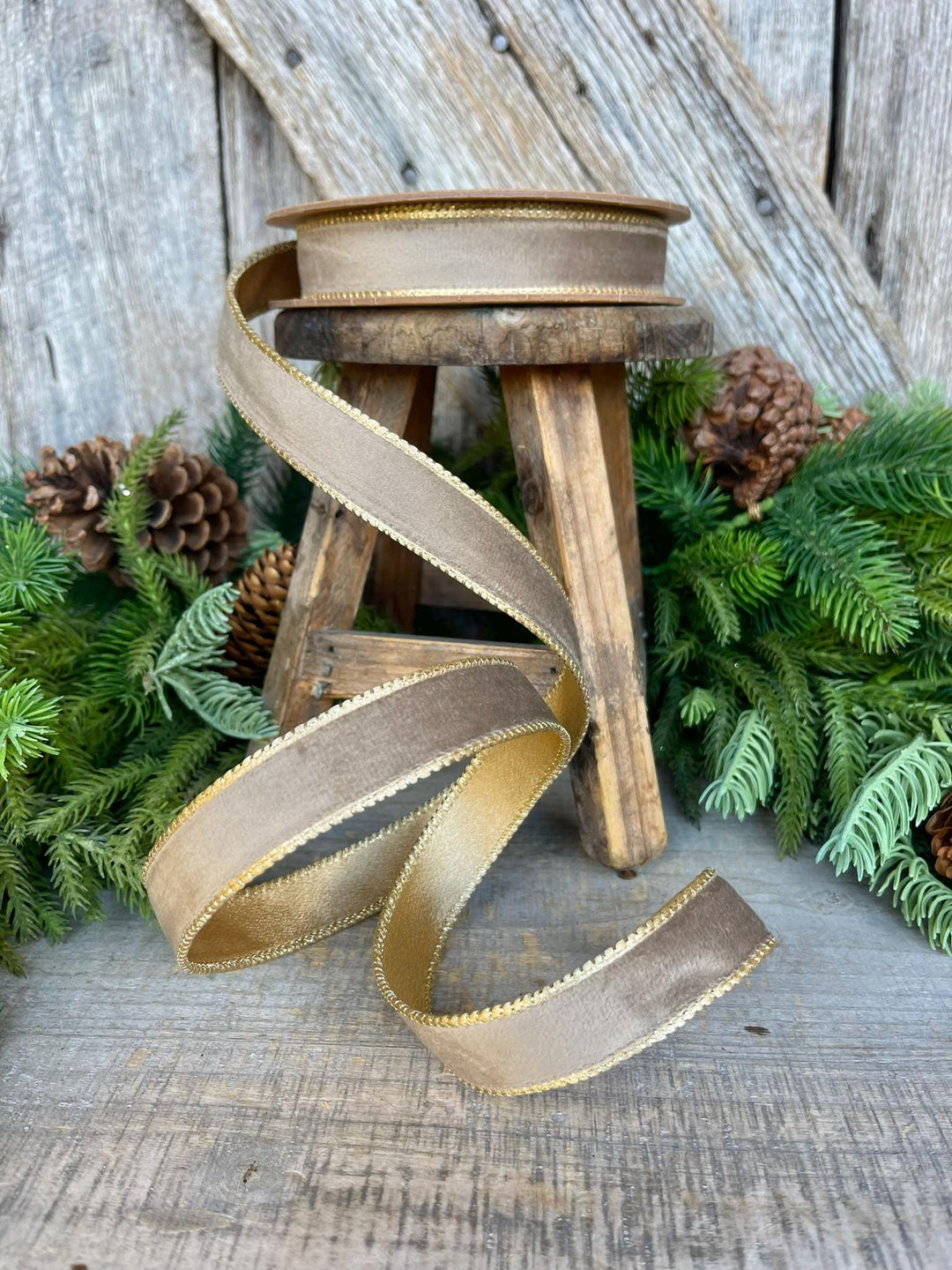 1" Mink Brown Velvet RIbbon, Wired Ribbon, Champagne Gold Velvet Ribbon