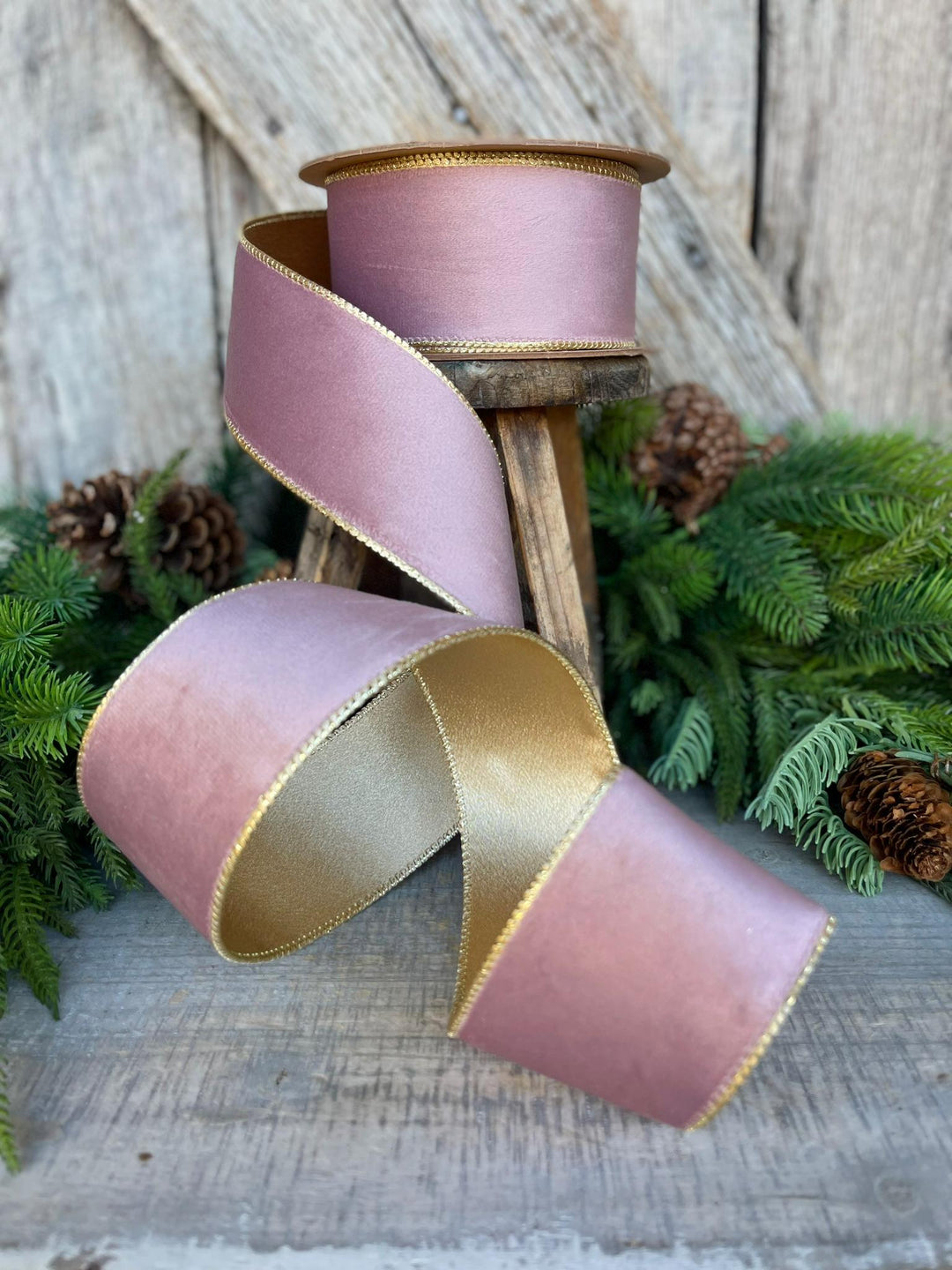 2.5" Dusty Pink Velvet Ribbon, Pink &amp; Gold Velvet Ribbon, Wired Ribbon