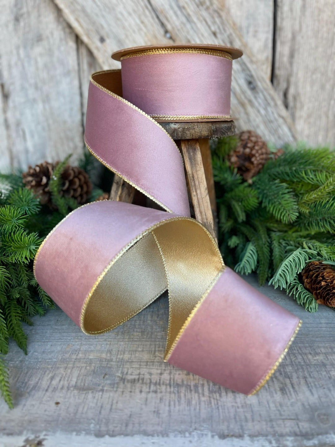 2.5" Dusty Pink Velvet Ribbon, Pink &amp; Gold Velvet Ribbon, Wired Ribbon