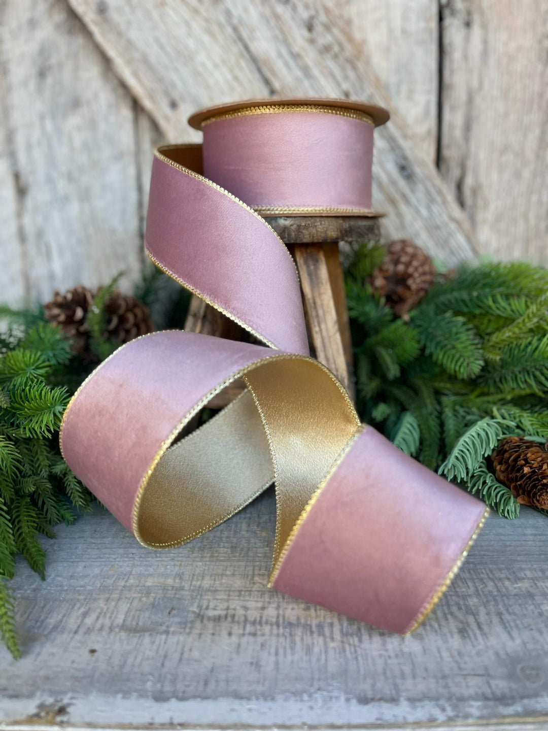 2.5" Dusty Pink Velvet Ribbon, Pink &amp; Gold Velvet Ribbon, Wired Ribbon