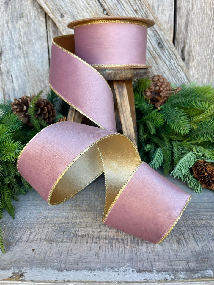 2.5" Dusty Pink Velvet Ribbon, Pink &amp; Gold Velvet Ribbon, Wired Ribbon