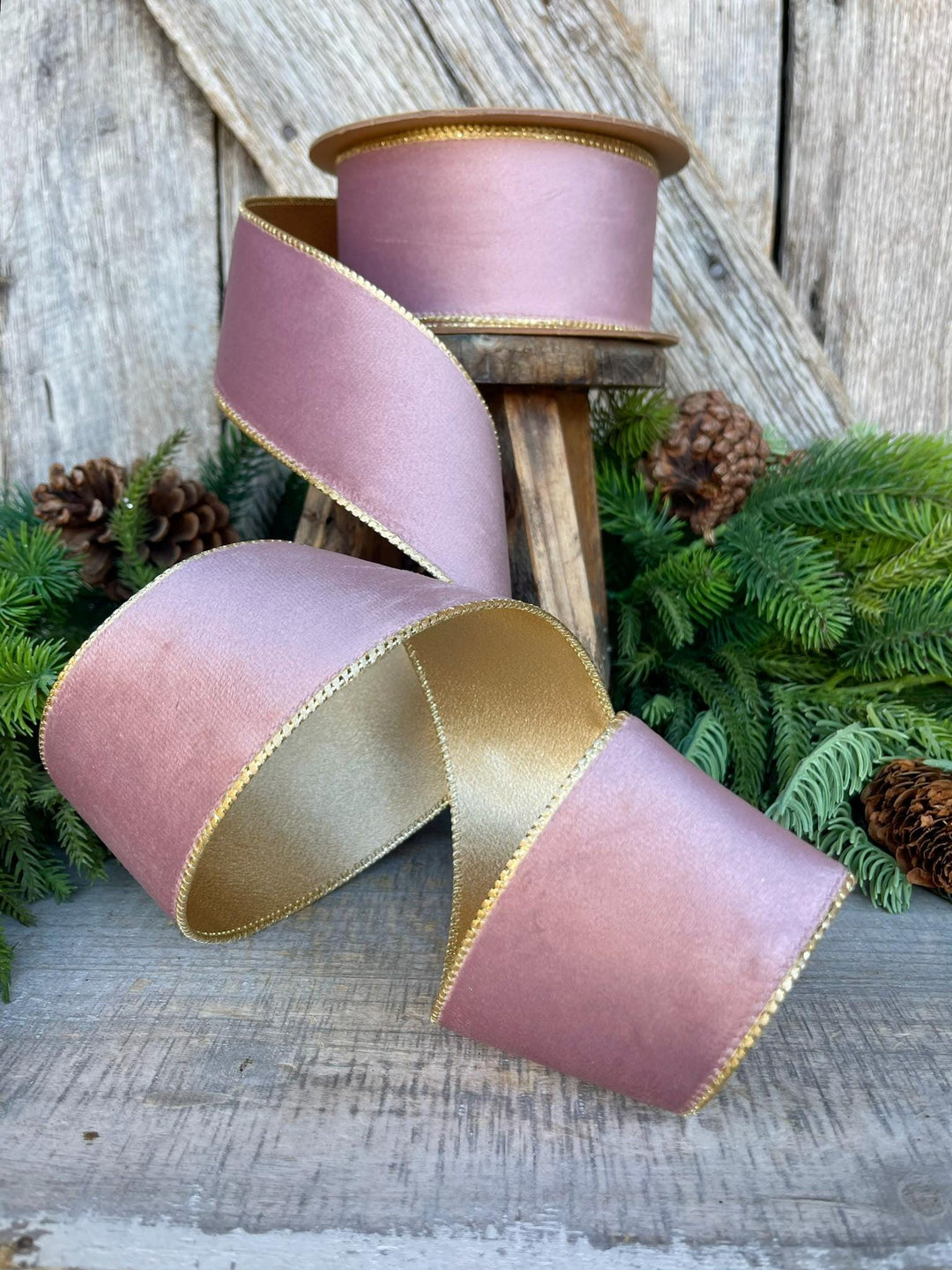 2.5" Dusty Pink Velvet Ribbon, Pink &amp; Gold Velvet Ribbon, Wired Ribbon