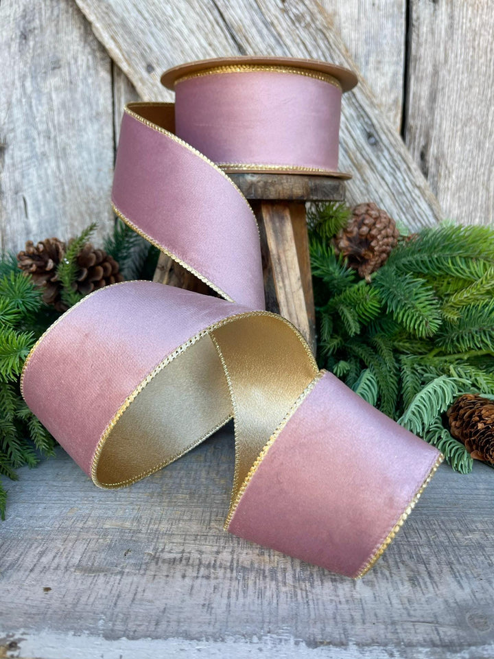 2.5" Dusty Pink Velvet Ribbon, Pink &amp; Gold Velvet Ribbon, Wired Ribbon