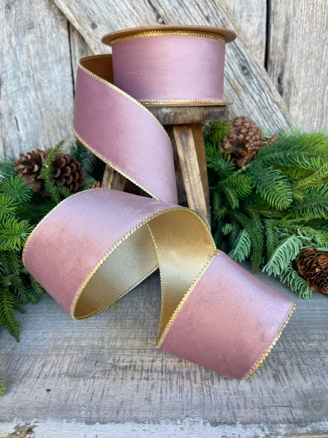 2.5" Dusty Pink Velvet Ribbon, Pink &amp; Gold Velvet Ribbon, Wired Ribbon