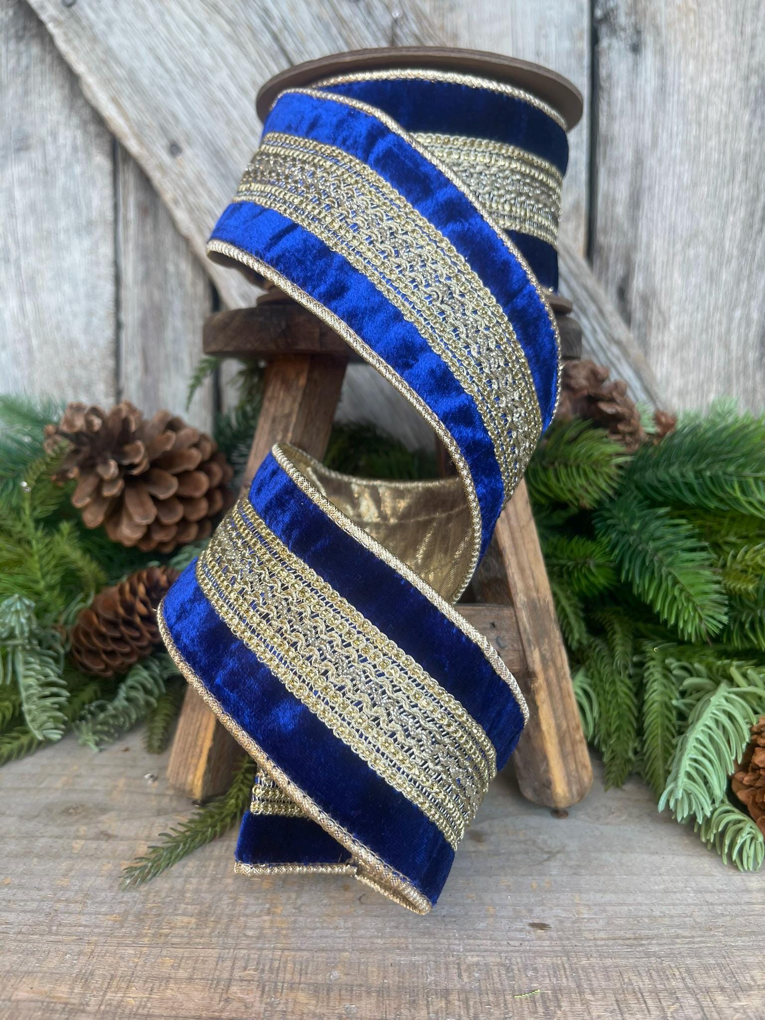 2.5" Blue and Gold Trim Ribbon, Royal Blue Ribbon