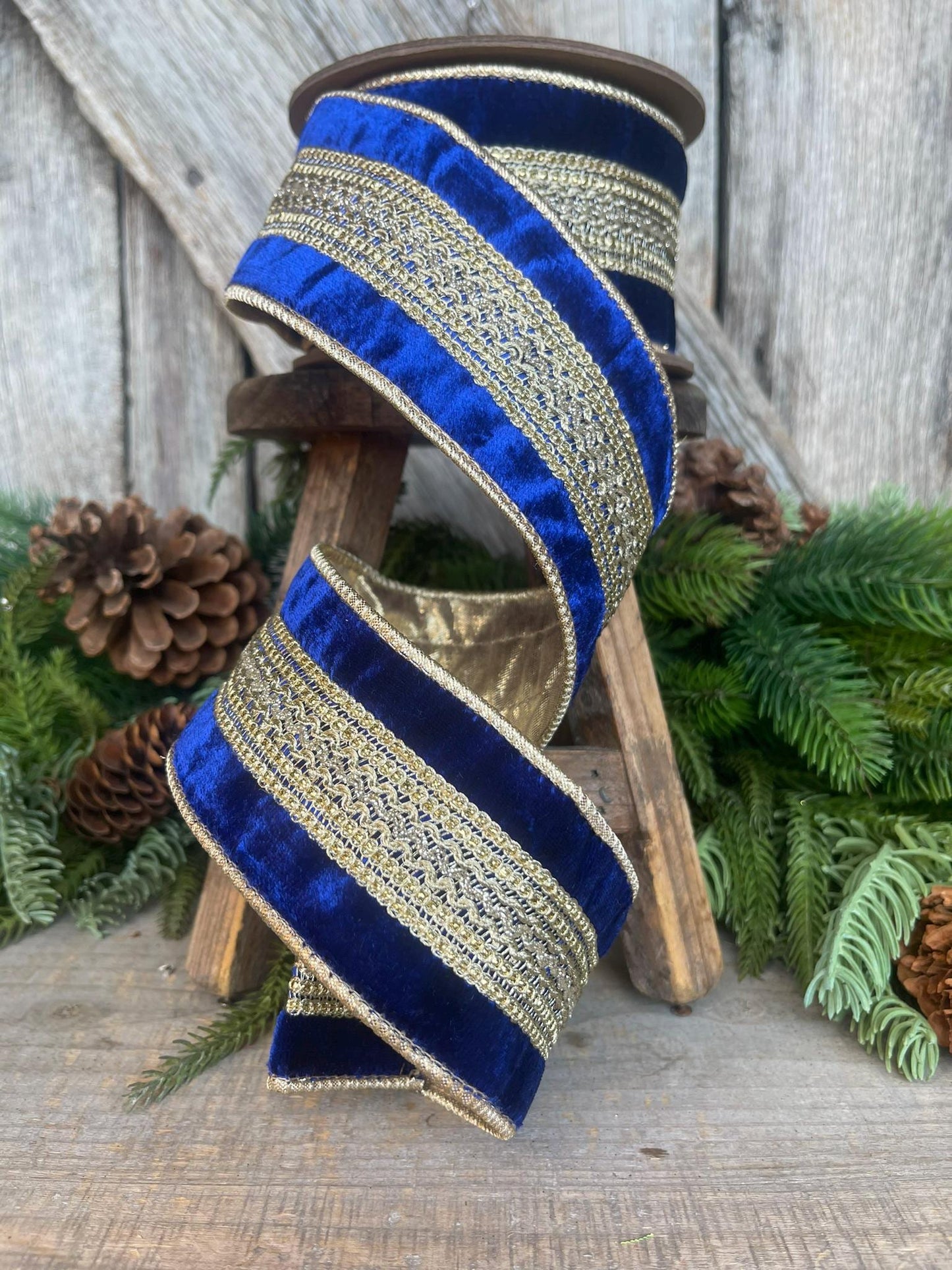 2.5" Blue and Gold Trim Ribbon, Royal Blue Ribbon