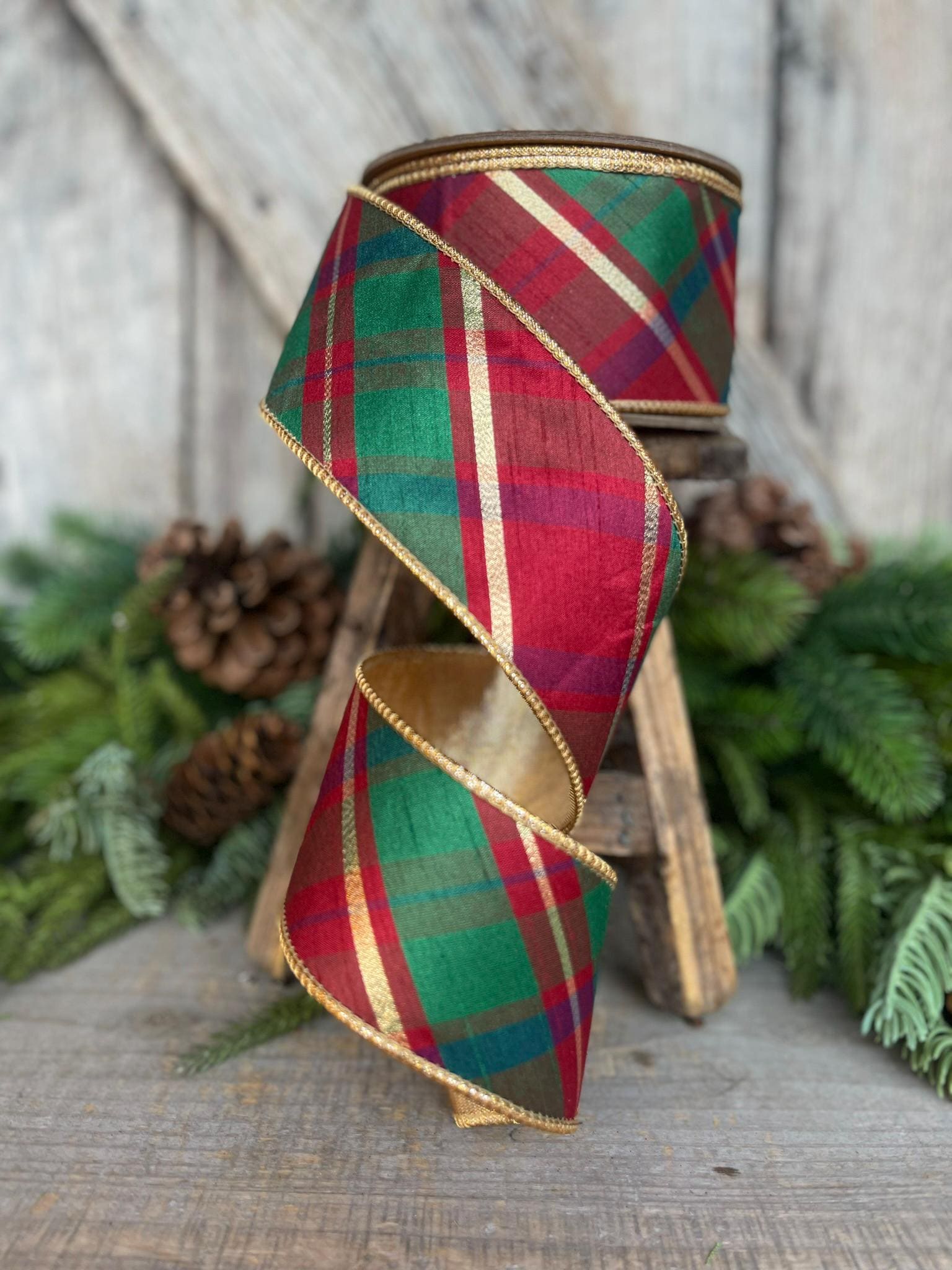 2.5" Christmas Plaid Ribbon, Red Green Gold Plaid Ribbon, Traditional Christmas Ribbon