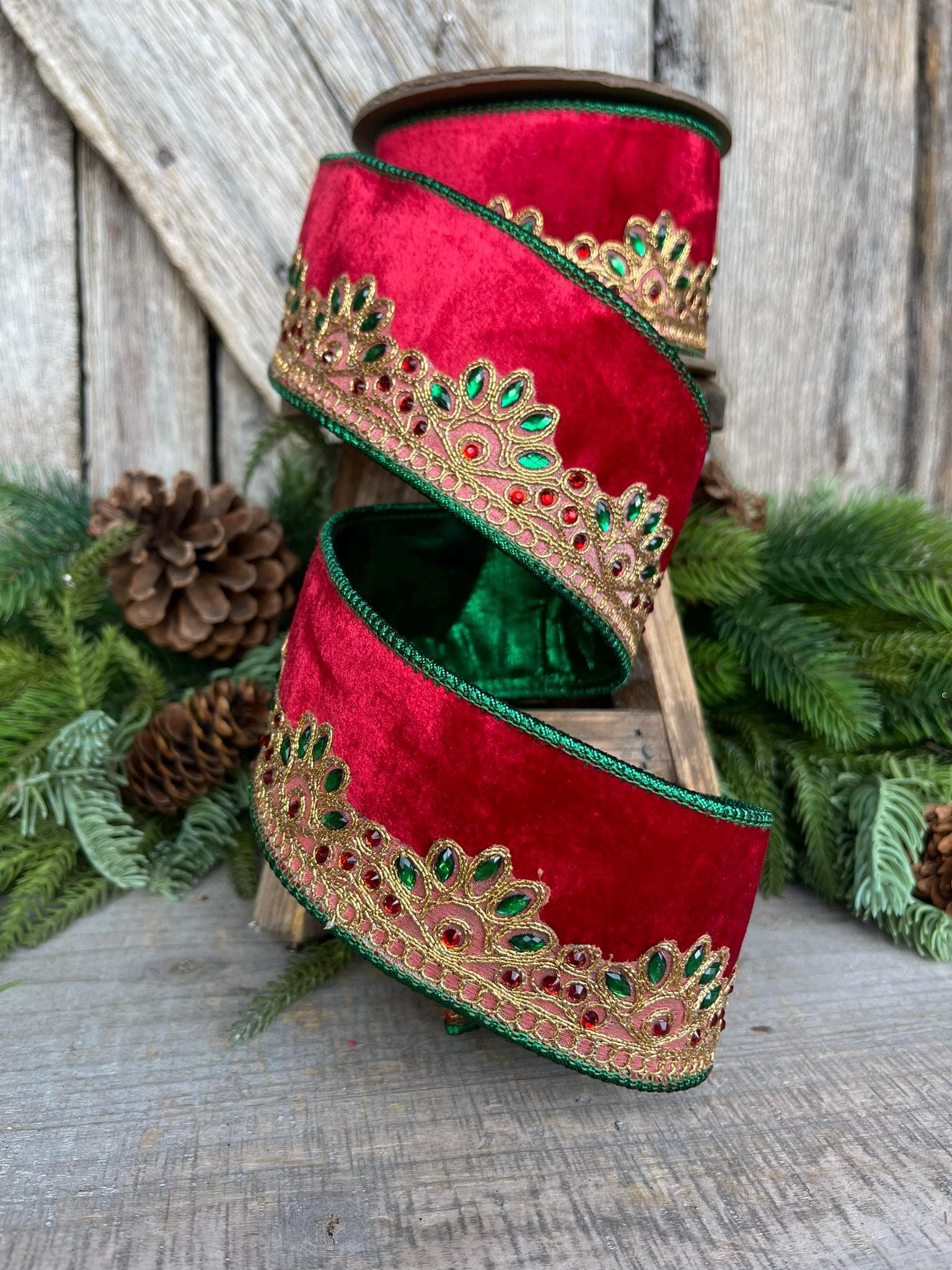 2.5" Red Velvet Jeweled Ribbon, Red Green Jeweled Ribbon, Christmas Ribbon